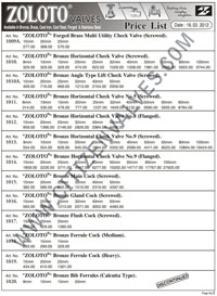 Zoloto Valves Price List 2013